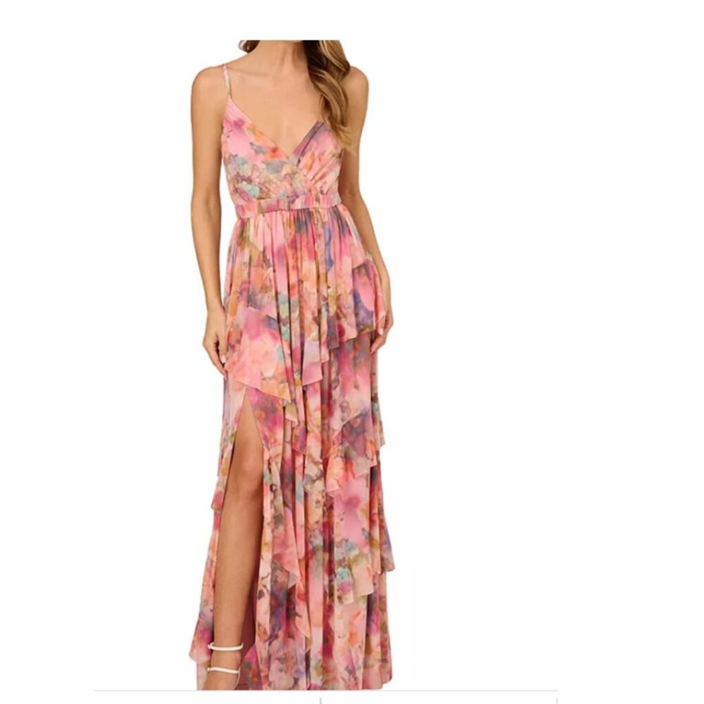 Floral Mesh Pink Printed Gown with slit Size 0